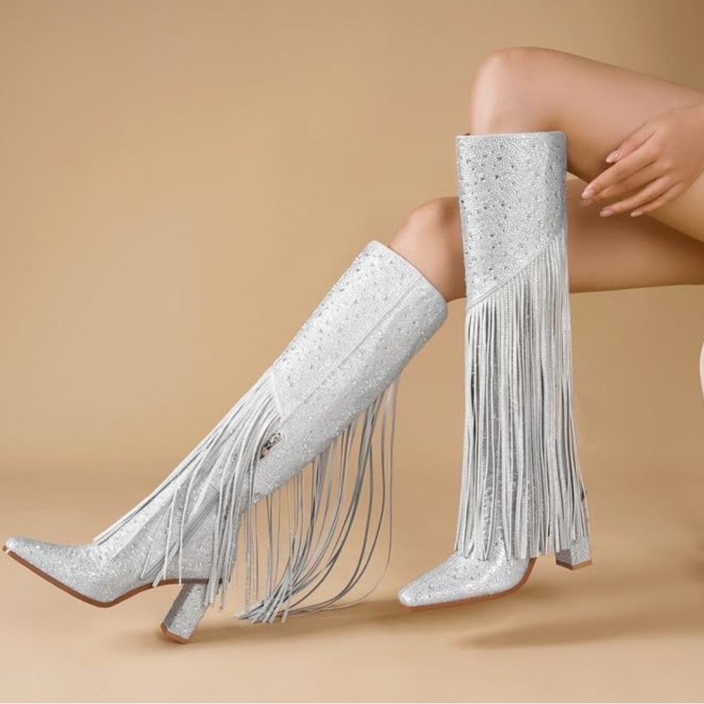 🆕 Rhinestone Silver Fringe Knee-High Boots - Picture 10 of 13
